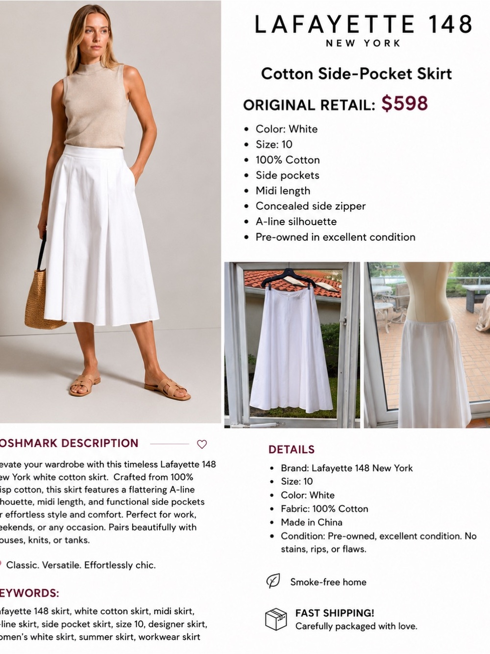 Lafayette 148 New York White A-Line Cotton Midi Skirt